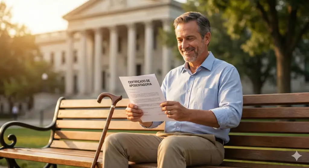 Homem de meia-idade com deficiência física, apoiado por uma bengala ao lado, sorrindo enquanto lê um documento intitulado 'Certificado de Aposentadoria' sentado em um banco de praça. Um prédio de arquitetura clássica semelhante a um tribunal está desfocado ao fundo sob luz solar dourada.